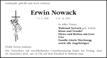 Traueranzeige von Erwin Nowack von Rüsselsheimer Echo, Groß-Gerauer-Echo, Ried Echo