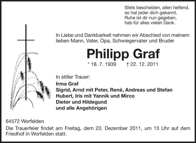  Traueranzeige für Philipp Graf vom 23.12.2011 aus Echo-Zeitungen (Gesamtausgabe)