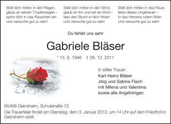 Traueranzeige von Gabriele Bläser von Rüsselsheimer Echo, Groß-Gerauer-Echo, Ried Echo