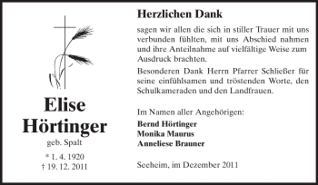 Traueranzeige von Elise Hörtinger von Echo-Zeitungen (Gesamtausgabe)