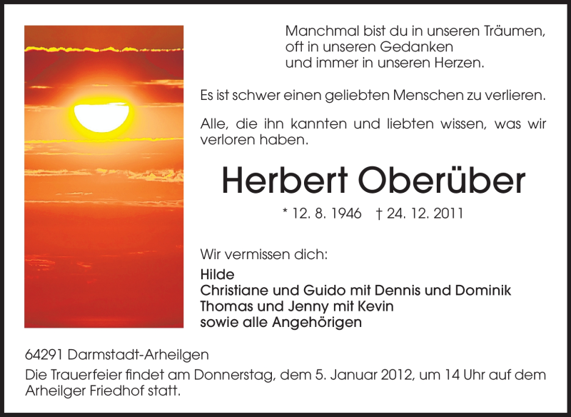  Traueranzeige für Herbert Oberüber vom 31.12.2011 aus Darmstädter Echo, Odenwälder Echo, Rüsselsheimer Echo, Groß-Gerauer-Echo, Ried Echo