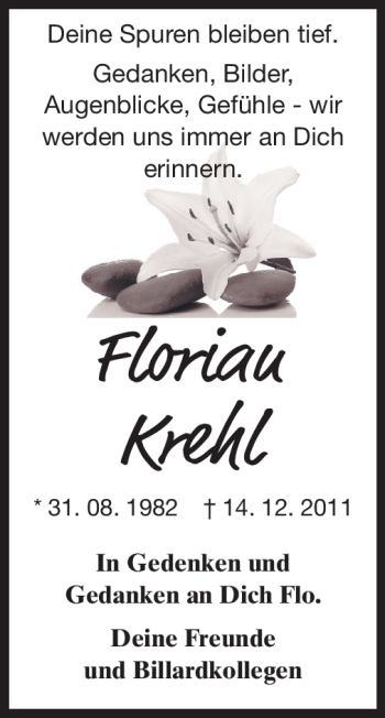 Traueranzeige von Florian Krehl von Echo-Zeitungen (Gesamtausgabe)