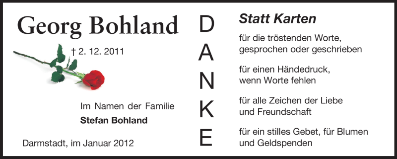  Traueranzeige für Georg Bohland vom 07.01.2012 aus Echo-Zeitungen (Gesamtausgabe)