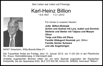 Traueranzeige von Karl-Heinz Billion von Echo-Zeitungen (Gesamtausgabe)