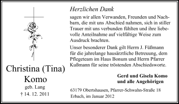Traueranzeige von Christina Komo von Odenwälder Echo