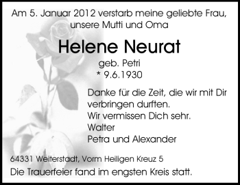 Traueranzeige von Helene Neurat von Echo-Zeitungen (Gesamtausgabe)