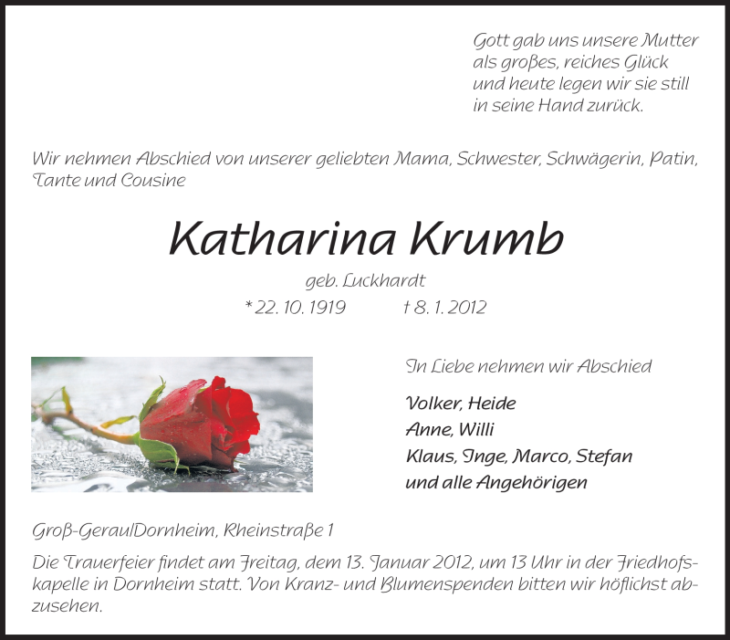  Traueranzeige für Katharina Krumb vom 11.01.2012 aus Rüsselsheimer Echo, Groß-Gerauer-Echo, Ried Echo