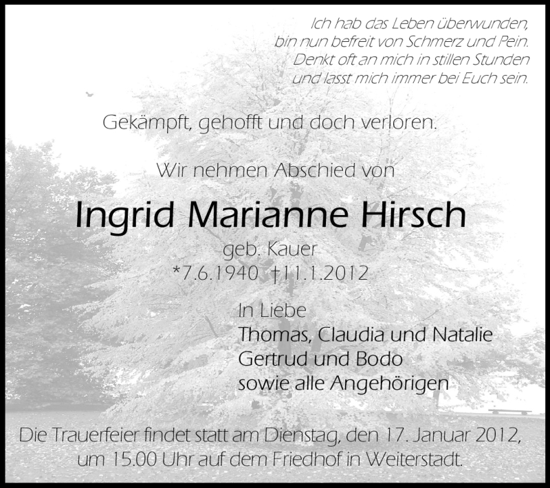  Traueranzeige für Ingrid Marianne Hirsch vom 14.01.2012 aus Echo-Zeitungen (Gesamtausgabe)