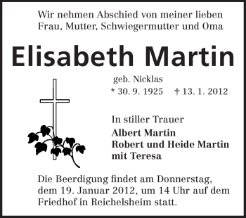 Traueranzeige von Elisabeth Martin von Odenwälder Echo