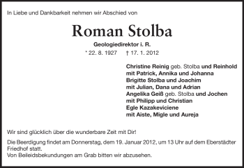 Traueranzeige von Roman Stolba von Echo-Zeitungen (Gesamtausgabe)