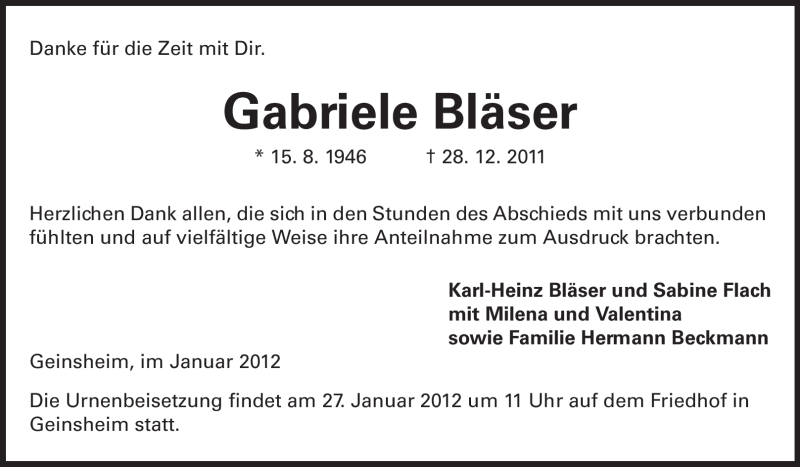  Traueranzeige für Gabriele Bläser vom 27.01.2012 aus Rüsselsheimer Echo, Groß-Gerauer-Echo, Ried Echo