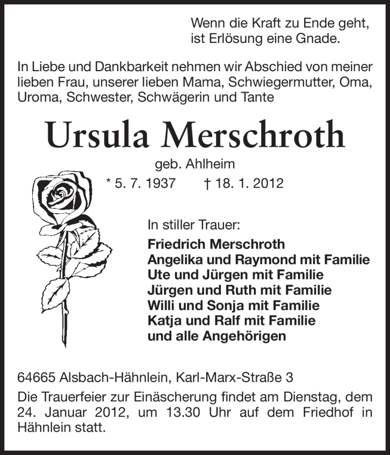  Traueranzeige für Ursula Merschroth vom 21.01.2012 aus Echo-Zeitungen (Gesamtausgabe)
