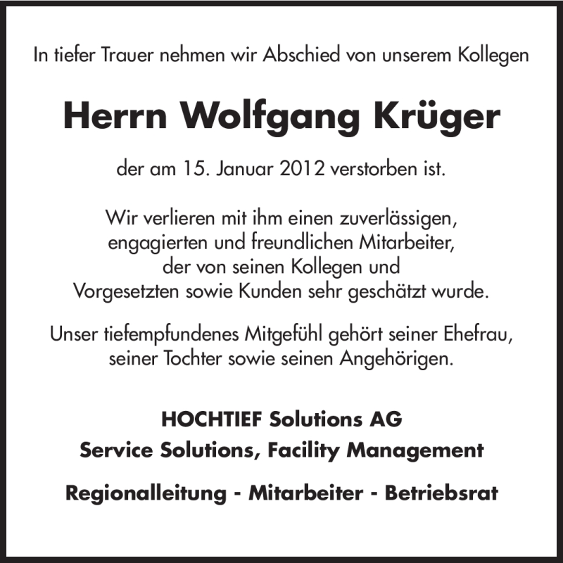  Traueranzeige für Wolfgang Krüger vom 21.01.2012 aus Echo-Zeitungen (Gesamtausgabe)
