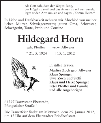 Traueranzeige von Hildegard Horn von Echo-Zeitungen (Gesamtausgabe)