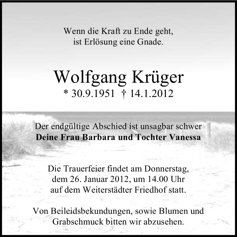  Traueranzeige für Wolfgang Krüger vom 21.01.2012 aus Echo-Zeitungen (Gesamtausgabe)