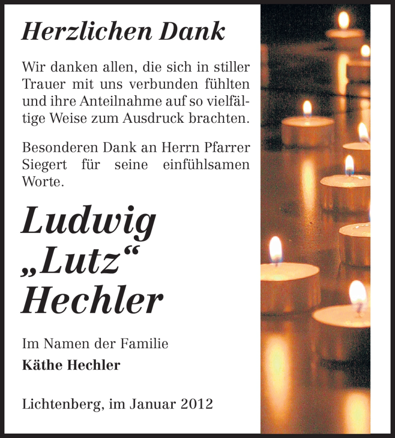  Traueranzeige für Ludwig Hechler vom 21.01.2012 aus Echo-Zeitungen (Gesamtausgabe)