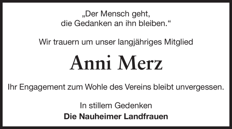  Traueranzeige für Annie Merz vom 23.01.2012 aus Rüsselsheimer Echo, Groß-Gerauer-Echo, Ried Echo