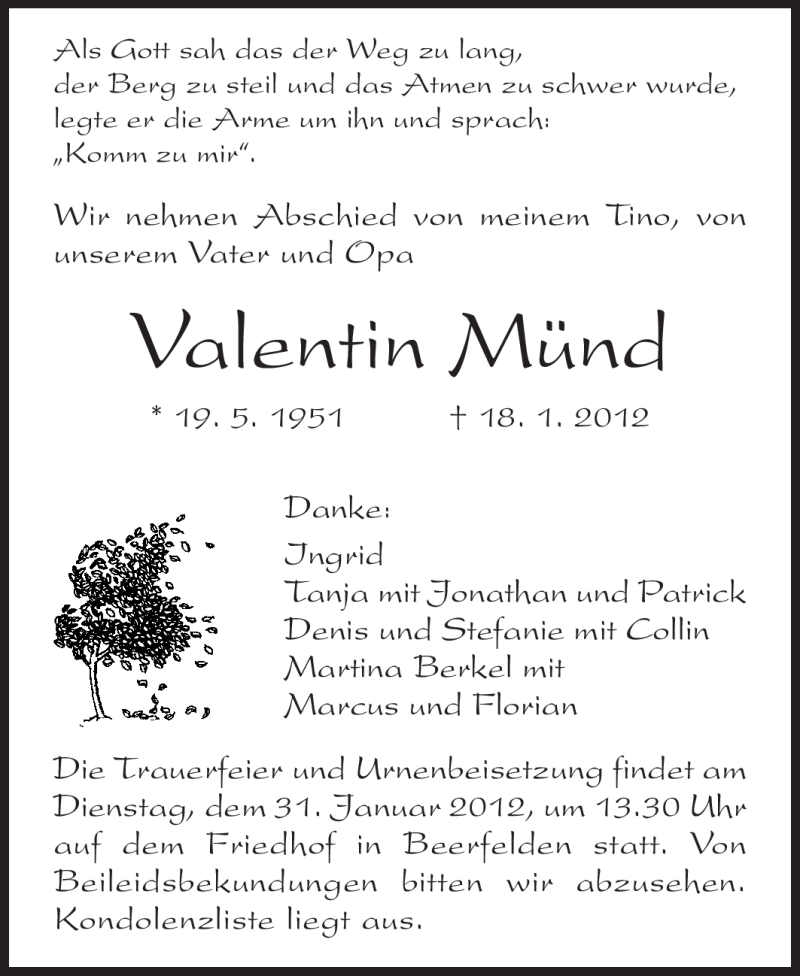 Traueranzeige für Valentin Münd vom 24.01.2012 aus Odenwälder Echo