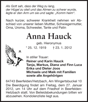 Traueranzeige von Anna Hauck von Odenwälder Echo