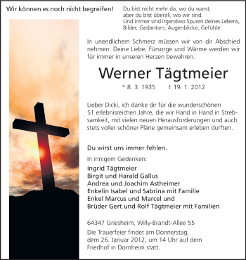 Traueranzeige von Werner Tägtmeier von Rüsselsheimer Echo, Groß-Gerauer-Echo, Ried Echo