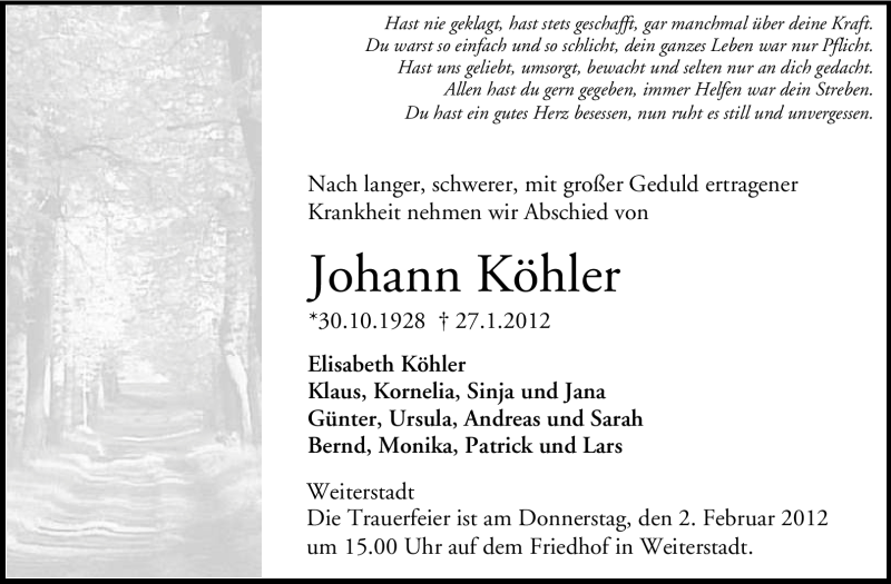  Traueranzeige für Johann Köhler vom 31.01.2012 aus Echo-Zeitungen (Gesamtausgabe)