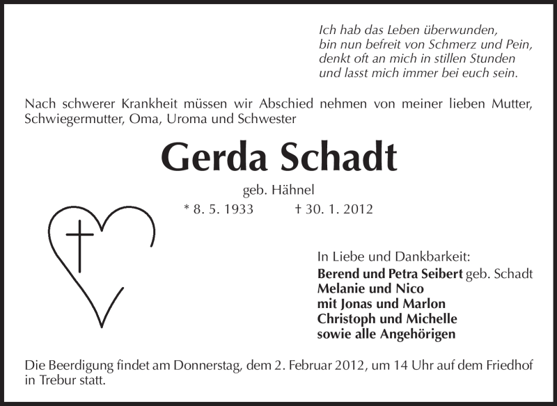  Traueranzeige für Gerda Schadt vom 01.02.2012 aus Rüsselsheimer Echo, Groß-Gerauer-Echo, Ried Echo
