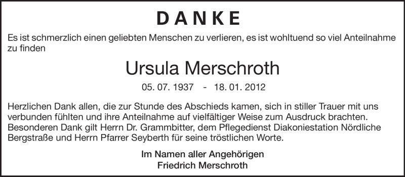  Traueranzeige für Ursula Merschroth vom 04.02.2012 aus Echo-Zeitungen (Gesamtausgabe)