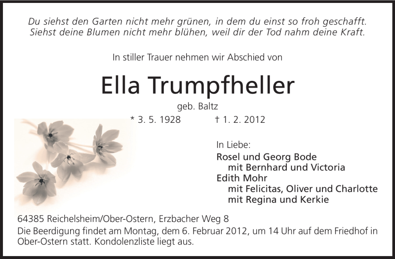  Traueranzeige für Ella Trumpfheller vom 04.02.2012 aus Echo-Zeitungen (Gesamtausgabe)