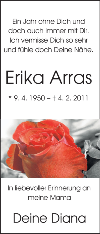Traueranzeige von Erika Arras von Echo-Zeitungen (Gesamtausgabe)