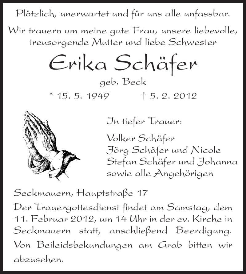  Traueranzeige für Erika Schäfer vom 08.02.2012 aus Odenwälder Echo