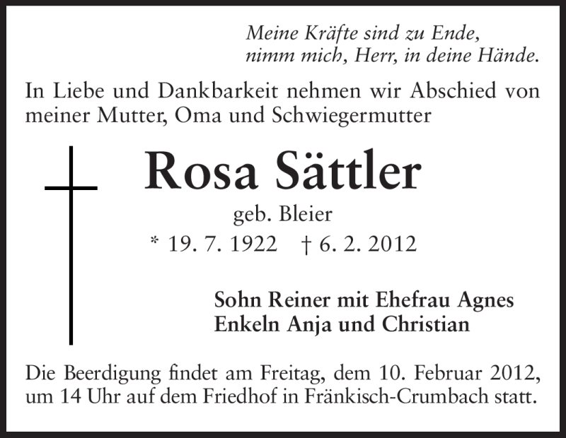 Traueranzeige für Rosa Sättler vom 08.02.2012 aus Odenwälder Echo