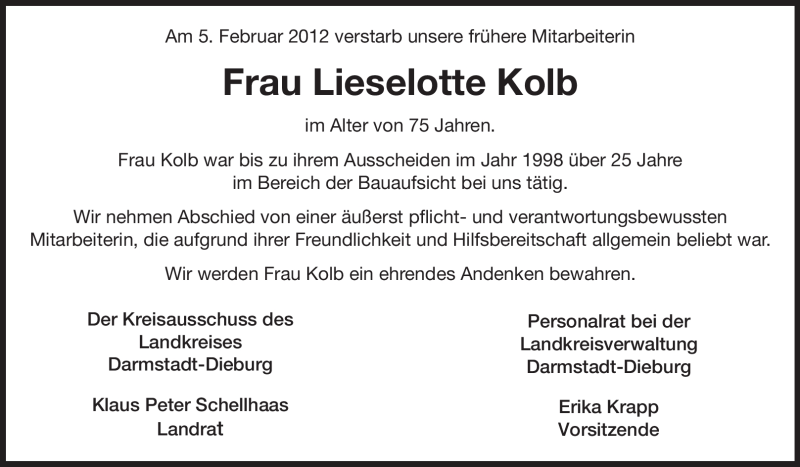  Traueranzeige für Lieselotte Kolb vom 09.02.2012 aus Echo-Zeitungen (Gesamtausgabe)