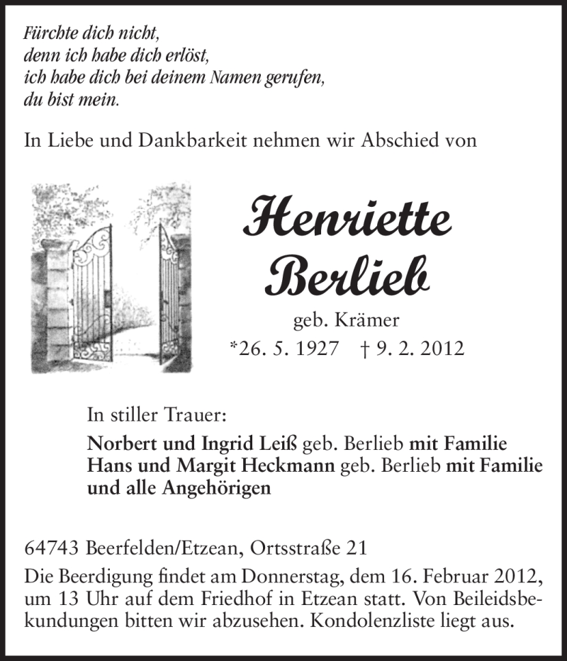  Traueranzeige für Henriette Berlieb vom 14.02.2012 aus Odenwälder Echo