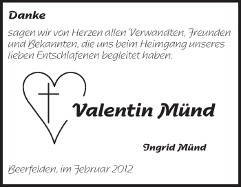 Traueranzeige von Valentin Münd von Odenwälder Echo