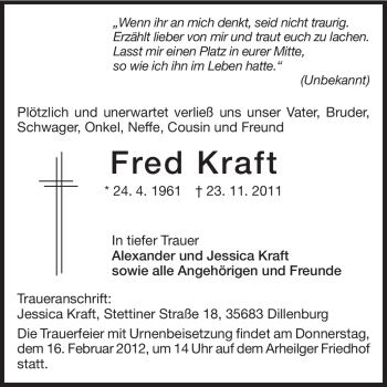 Traueranzeige von Fred Kraft von Echo-Zeitungen (Gesamtausgabe)