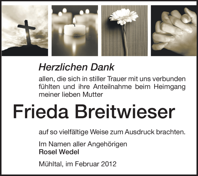 Traueranzeige für Frieda Breitwieser vom 18.02.2012 aus Echo-Zeitungen (Gesamtausgabe)