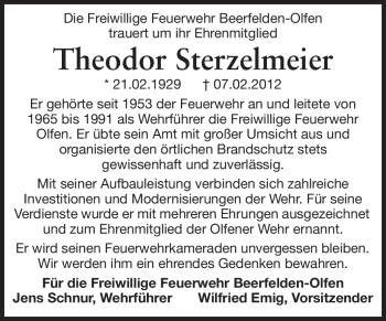 Traueranzeige von Theodor Sterzelmeier von Odenwälder Echo