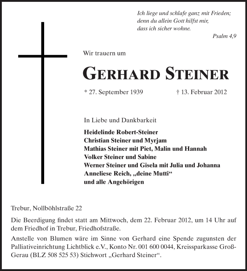  Traueranzeige für Gerhard Steiner vom 17.02.2012 aus Rüsselsheimer Echo, Groß-Gerauer-Echo, Ried Echo