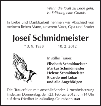 Traueranzeige von Josef Schmidmeister von Odenwälder Echo