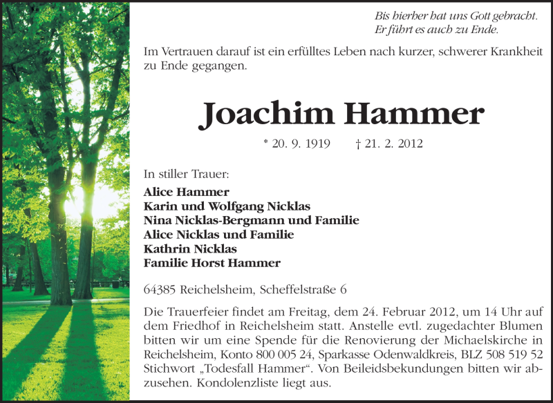  Traueranzeige für Joachim Hammer vom 23.02.2012 aus Odenwälder Echo