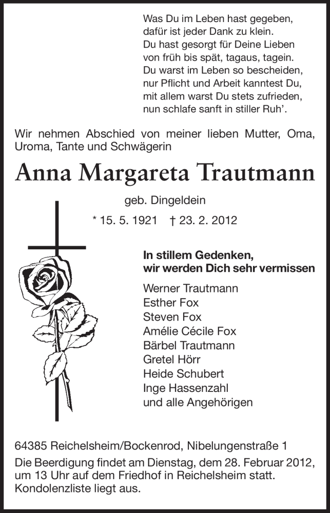  Traueranzeige für Anna Margareta Trautmann vom 25.02.2012 aus Odenwälder Echo