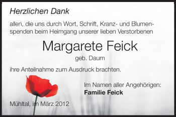 Traueranzeige von Margarete Feick von Echo-Zeitungen (Gesamtausgabe)