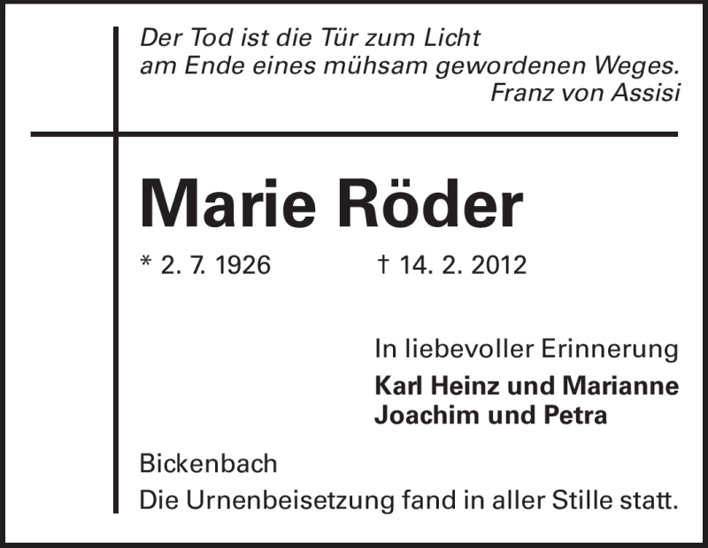  Traueranzeige für Marie Röder vom 03.03.2012 aus Echo-Zeitungen (Gesamtausgabe)