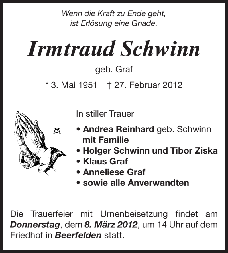  Traueranzeige für Irmtraud Schwinn vom 03.03.2012 aus Odenwälder Echo