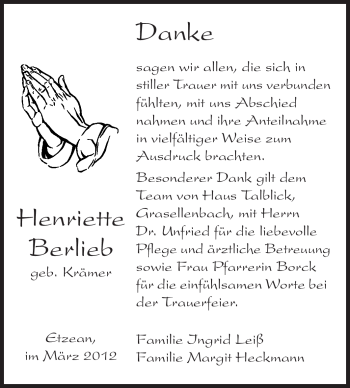 Traueranzeige von Henriette Berlieb von Odenwälder Echo