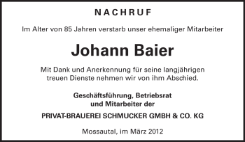 Traueranzeige von Johann Baier von Odenwälder Echo
