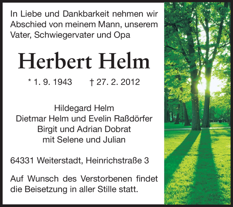  Traueranzeige für Herbert Helm vom 03.03.2012 aus Echo-Zeitungen (Gesamtausgabe)