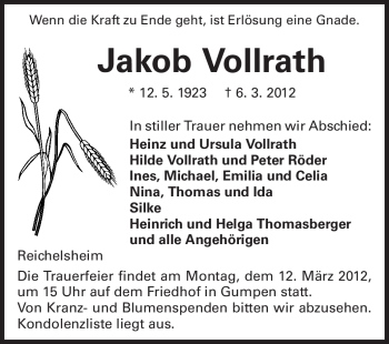 Traueranzeige von Jakob Vollrath von Odenwälder Echo