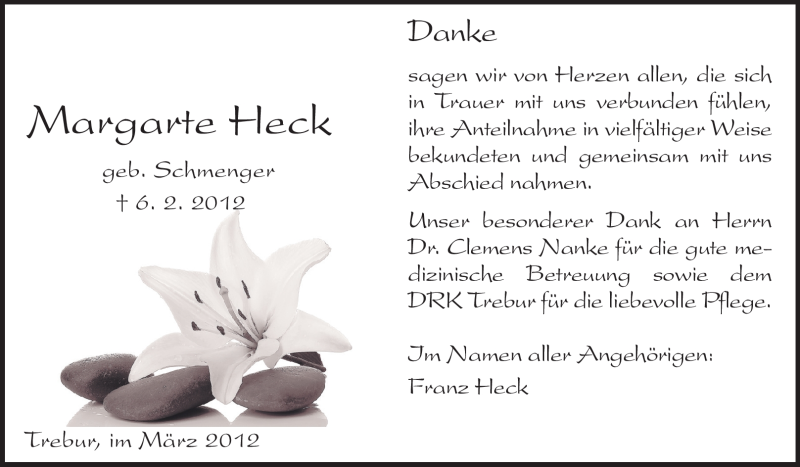  Traueranzeige für Margerete Heck vom 09.03.2012 aus Rüsselsheimer Echo, Groß-Gerauer-Echo, Ried Echo
