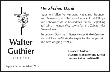 Traueranzeige von Walter Guthier von Starkenburger Echo